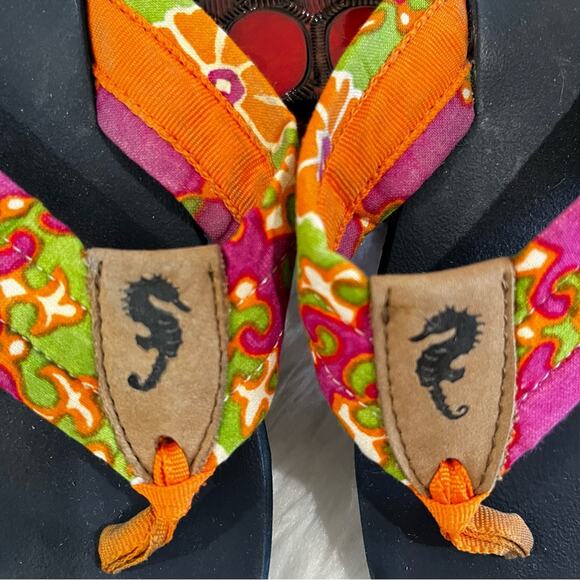 NEW J. Crew Preppy Seahorse Orange Pink Sunrise Retro Floral Flip Flops 6 NWOT - Picture 9 of 12